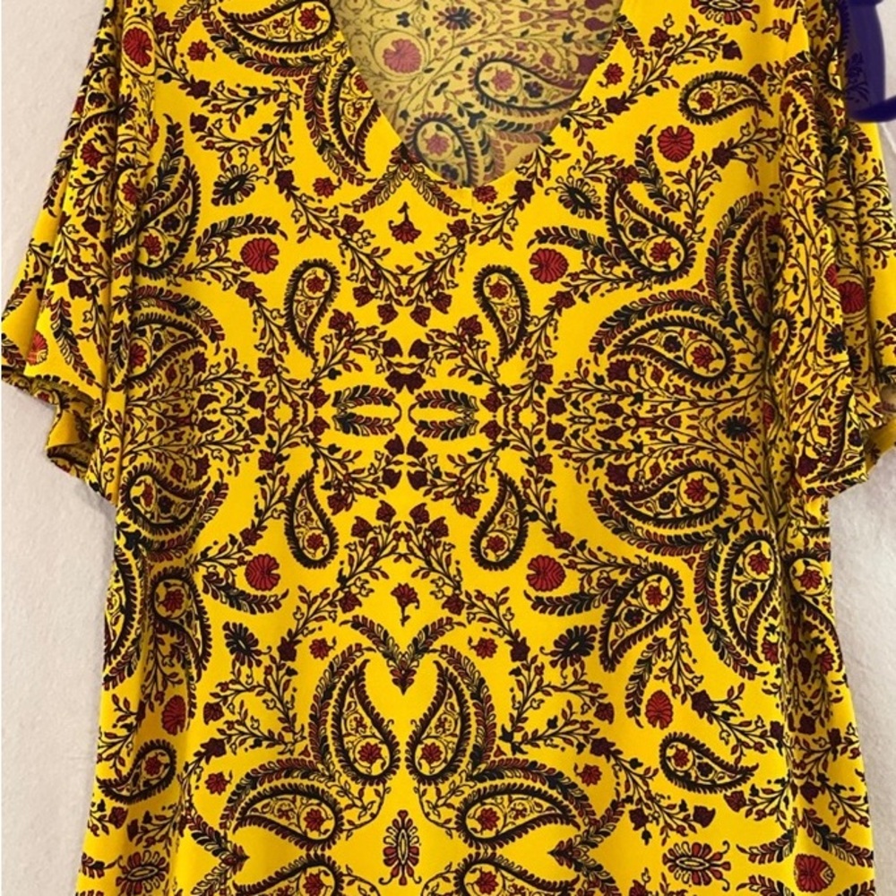 LADIES DK YELLOW TOP WITH RED & BLACK DESIGNS